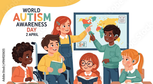 Illustration of diverse children with a teacher in a classroom setting for World Autism Awareness Day with colorful graphics and a supportive mood.
