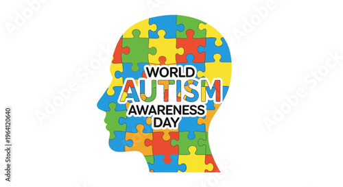 Vector illustration of a colorful puzzle piece human head for World Autism Awareness Day with a supportive concept for neurodiversity awareness.