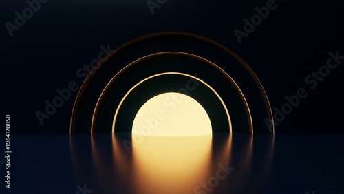 Minimalist landscape with glowing semi-circle sun and geometric arches