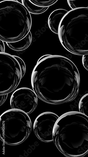 Abstract floating black liquid spheres on dark background