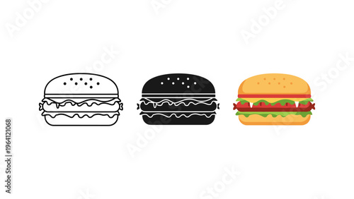 three stages of hamburger assembly flat design vector illustration