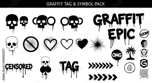 Graffiti symbols and tags with skulls and hearts on a wall