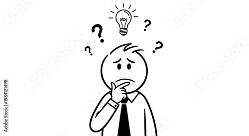 A puzzled man in a suit thinks deeply with a lightbulb and question marks surrounding his head.