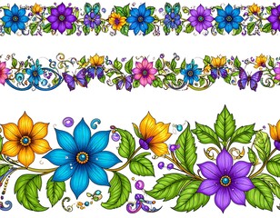 Floral borders colorful flowers & leaves intertwined with butterflies and swirls on a white background