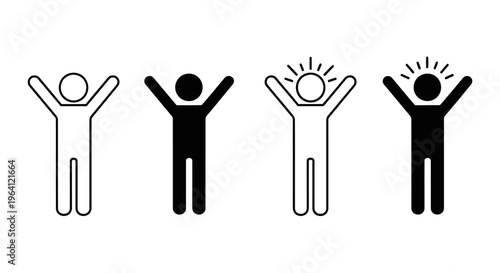 Four stick figures celebrating with arms raised in joyful expressions