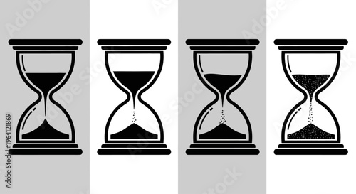 Four hourglasses are shown side by side on gray backgrounds