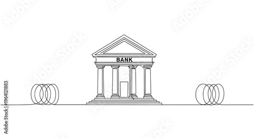 A large bank building with columns and a triangular roof stands between two rolled up items