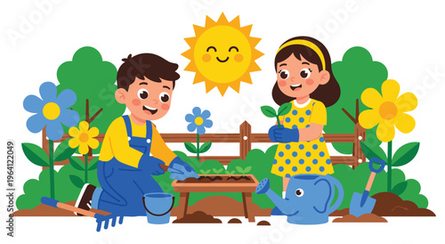 Joyful illustration of two children, a boy and a girl, happily planting seedlings and watering in a vibrant garden surrounded by flowers and a bright sun.