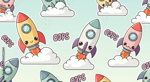 a cute seamless pattern of cartoon rockets in pastel colors launching from clouds with oops text perfect for kids designs