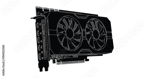 A detailed black graphic card representation in stark silhouette