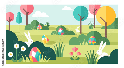 easter egg hunt scene with playful white rabbits finding colorful eggs in a vibrant spring meadow