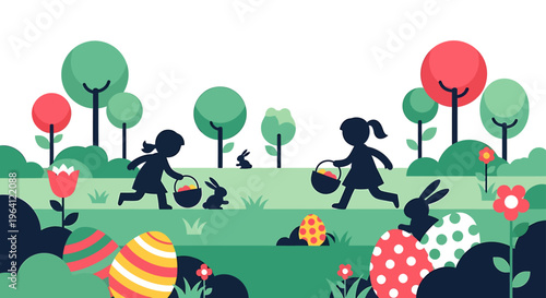 easter egg hunt children playing and collecting colorful eggs with bunnies in a vibrant spring park celebrating the spring holiday.
