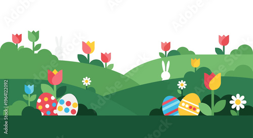 flat design easter background of a spring landscape with decorated eggs hidden bunnies and blooming flowers.