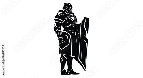 A striking knight in full armor stands guard a bold silhouette