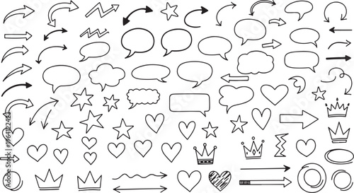 Assorted hand-drawn icons featuring symbols like arrows, speech bubbles, and crowns Vector