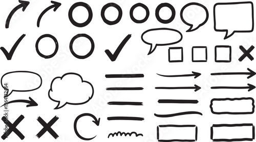 Hand-Drawn Doodles of Arrows, Circles, Checkmarks, and Speech Bubbles for Graphic Design, Communication, and Creative Projects