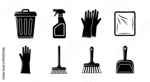 Cleaning Supplies Icons: Trash Can, Spray Bottle, Gloves, Broom, Dustpan, Cloth