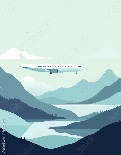  Avión volando sobre montañas y lago en paisaje sereno y amplio.
