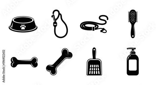 Dog Pet Care Accessories Icons Set: Bowl, Leash, Brush, Bone, Scoop, Shampoo