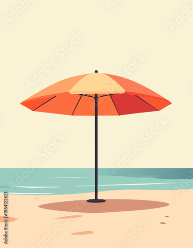  Sombrilla en la playa frente al mar en composición simple y limpia.
