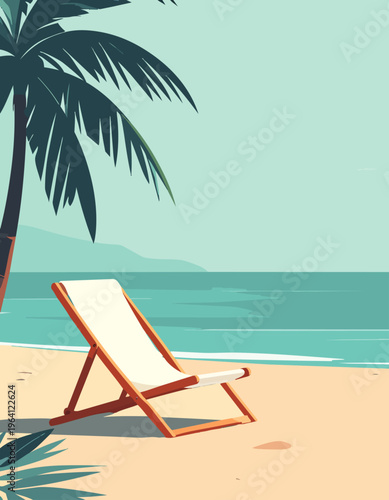  Silla de playa bajo palmeras frente al mar tranquilo en ambiente tropical y relajante.
