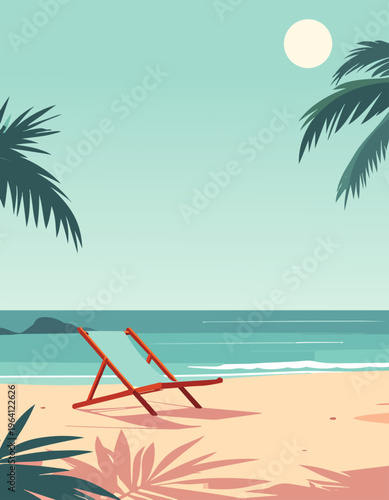  Dos sillas de playa frente al mar con palmeras creando escena veraniega tranquila.
