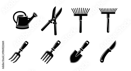 Gardening Tools Set Icons: Watering Can, Pruners, Rakes, Fork, Trowel, Knife