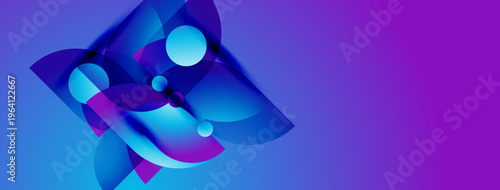 Abstract shapes blend, creating vibrant blue, purple gradients. Modern design evokes energy, movement, digital aesthetics. Smooth transitions define composition.