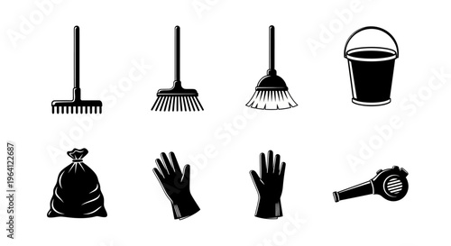 Cleaning Supplies Icons: Broom, Rake, Bucket, Gloves, Trash Bag, Whistle