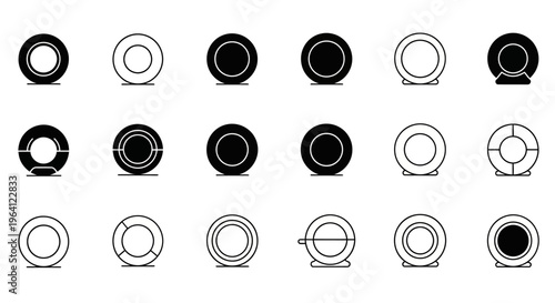 Set of Circular Icons: Rings, Plates, and Doughnuts in Black and White