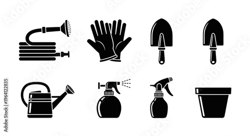 Gardening Tools Icons Set: Watering Can, Hose, Gloves, Sprayer, Pots, Trowels