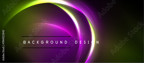 Abstract neon lights form curved shapes. Dark background contrasts vibrant purple, green hues. Text reads background design.