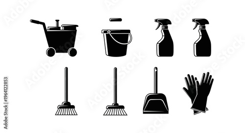 Cleaning Supplies Icons Set: Cart, Bucket, Sprays, Broom, Dustpan, Gloves