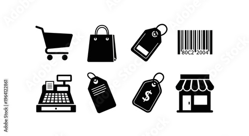 Shopping Icons Set: Cart, Bag, Tags, Barcode, Cash Register, Storefront