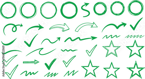 Collection of hand-drawn symbols and arrows in a green sketch style Vector