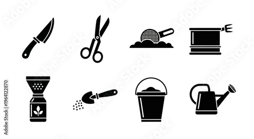 Gardening Tools Icons Set: Knife, Scissors, Sieve, Planter, Trowel, Bucket, Watering Can
