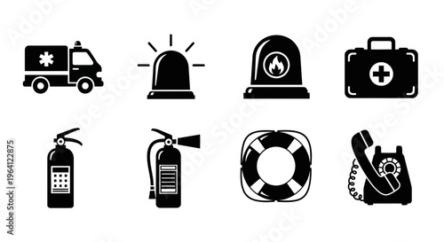 Emergency Services Icons: Ambulance, Fire Extinguisher, Siren, First Aid Kit, Lifebuoy, Phone