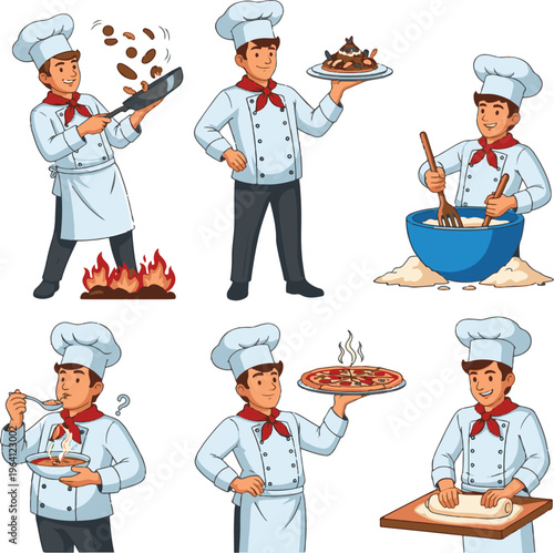 Chef Character in Various Cooking Actions for Food Preparation, Culinary Arts, and Cooking Process Designs