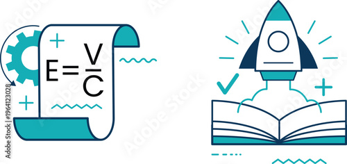 Energy equation and innovation depicted through a scroll and rocket book launch