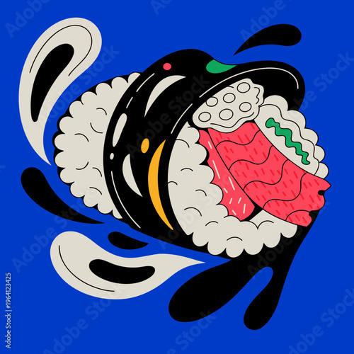 Dynamic Pop Art Vector Illustration of a Salmon Sushi Roll with Liquid Splashes. A vibrant, contemporary vector illustration in a pop art comic book style, featuring a detailed uramaki sushi roll 