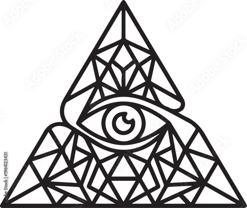 A single line drawing of an eye within a pyramid, featuring interlocking lines and shapes, resulting in a geometric line icon of  Illuminati sign.