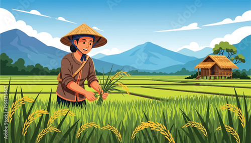 A farmer harvesting rice amidst a serene and picturesque landscape Vector