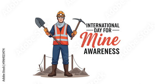Illustration of a man in safety gear holding mining tools for International Day for Mine Awareness campaign with vector design elements.