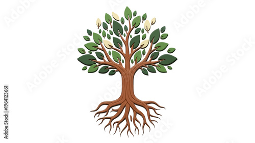 An eco-friendly vector illustration of a green spring tree with roots and lush leaves isolated on white, symbolizing nature, growth, and life in a clean silhouette design