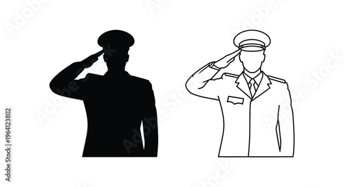 Military salute vector icons, soldier and officer saluting, black silhouette, line art