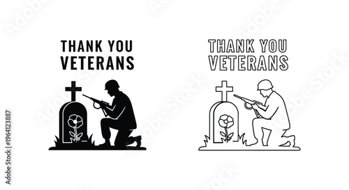 Veterans Day icons, thank you veterans graphics, memorial symbols, black and white illustrations