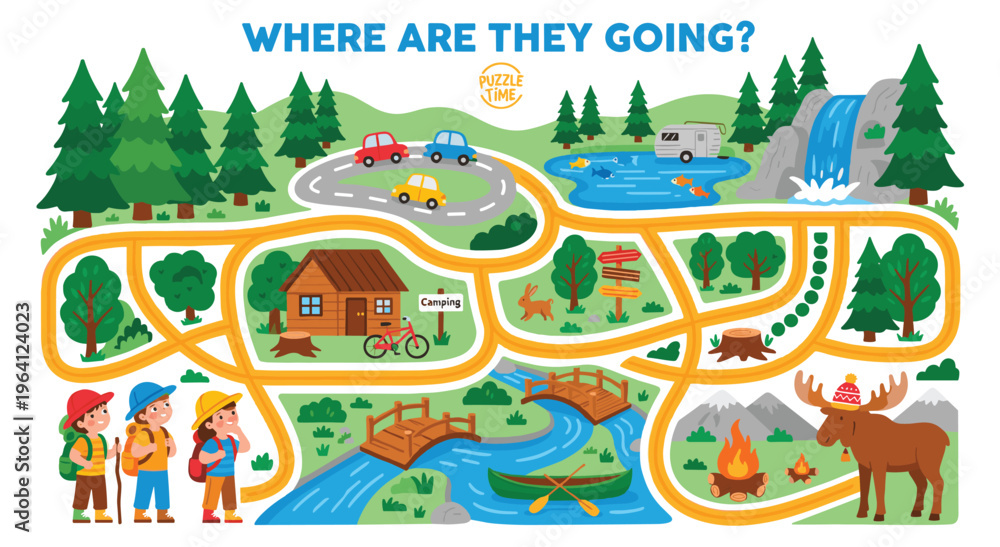 Fototapeta premium Children navigating a forest maze to reach campsite. Featuring hikers, trees, river, bridges, cars, camper, waterfall, and campfire, a fun outdoor adventure puzzle.