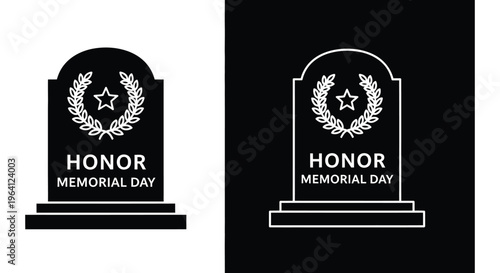 Memorial Day icons, honor badges, star wreath symbols, black and white vector graphics