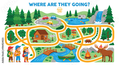 Children navigating a forest maze to reach campsite. Featuring hikers, trees, river, bridges, cars, camper, waterfall, and campfire, a fun outdoor adventure puzzle.