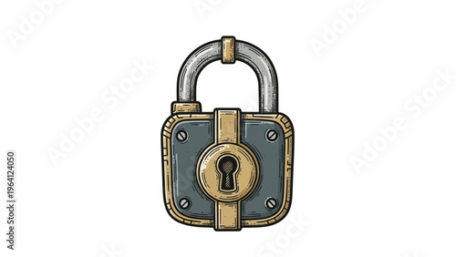 A solid old rusty iron padlock with a metal key remains isolated on a white background as a secure symbol of protection and safety